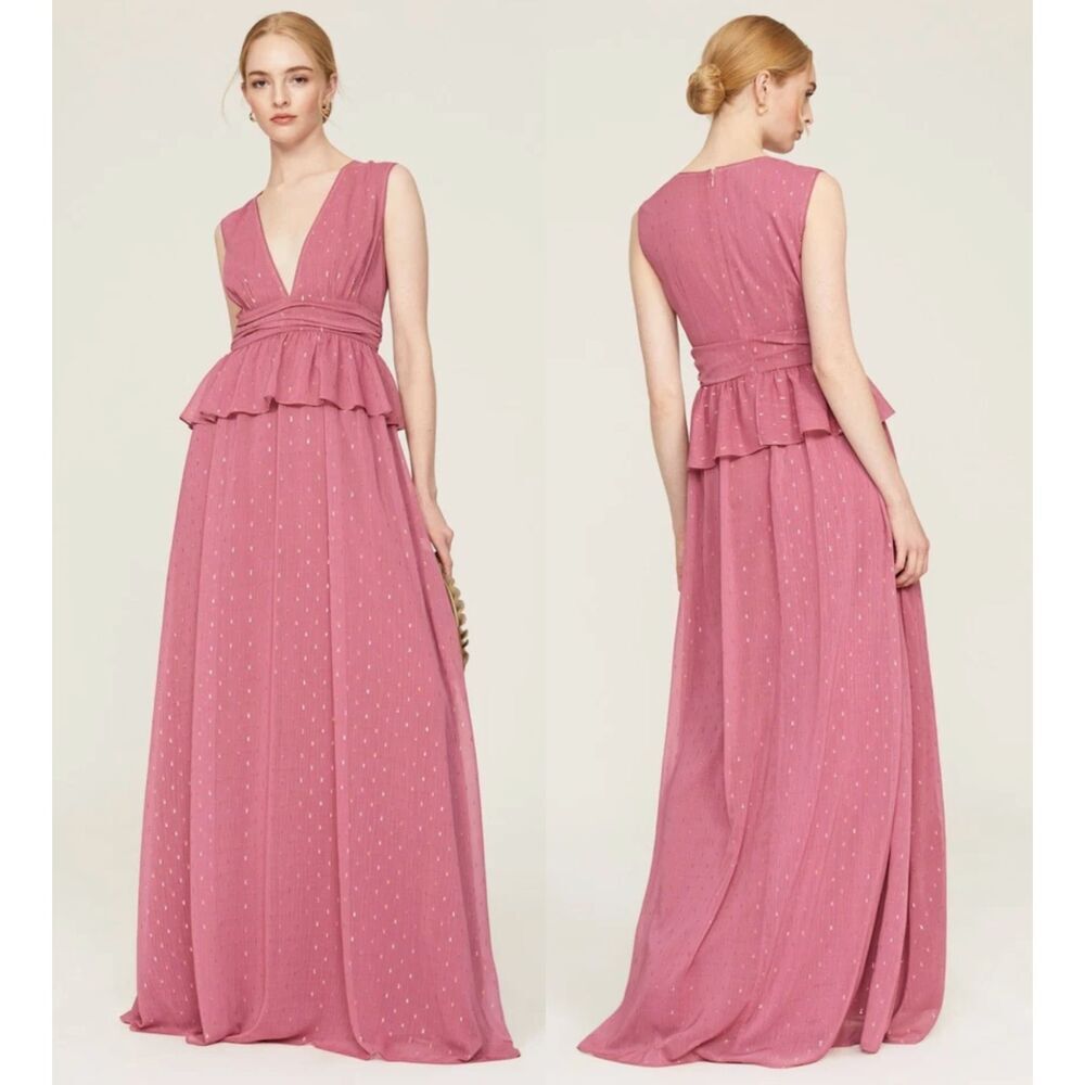LDT Anthropologie Pink Metallic Peplum Waist V Neck Maxi Gown Dress Sz 4 Small